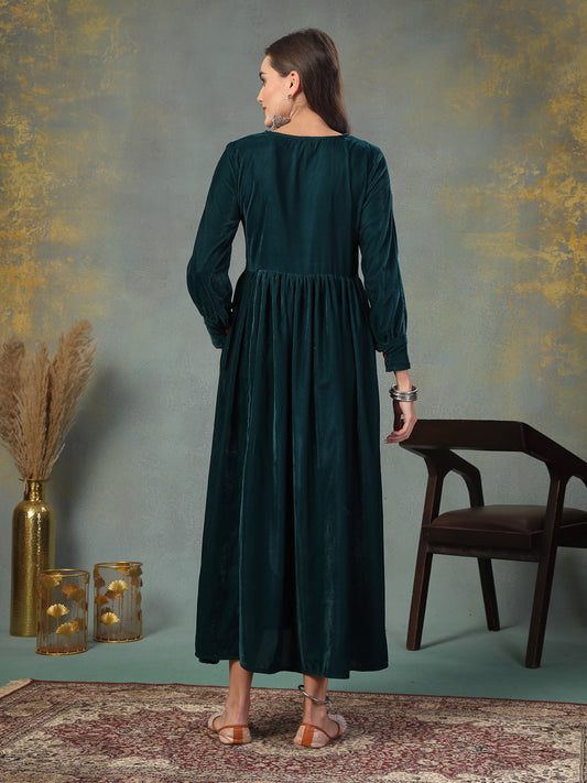 Stylum Women's Green Solid & Embroidered Velvet Long Flared Dress (DRSGREENGULUNA)