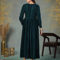Stylum Women's Green Solid & Embroidered Velvet Long Flared Dress (DRSGREENGULUNA)