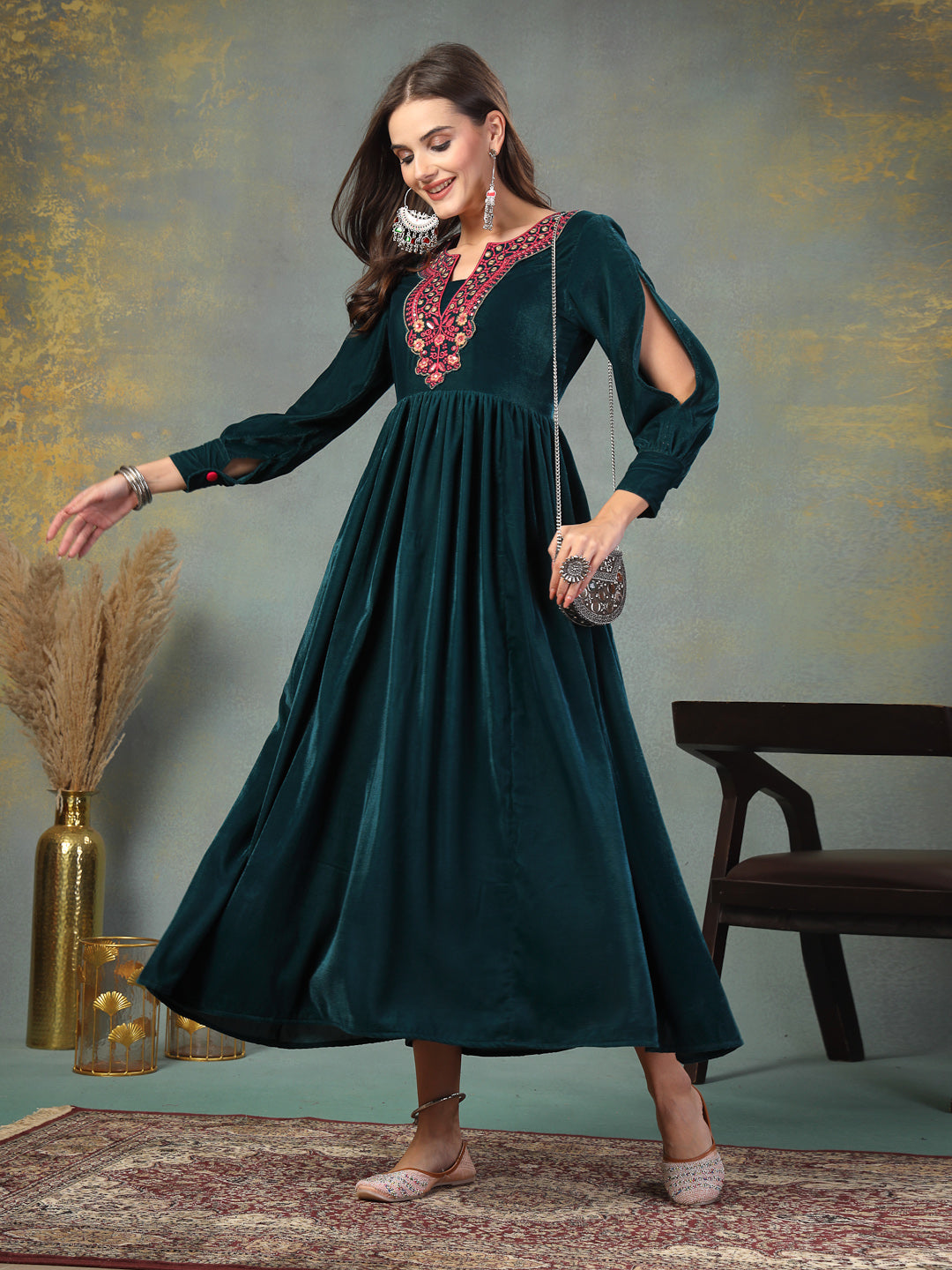 Stylum Women's Green Solid & Embroidered Velvet Long Flared Dress (DRSGREENGULUNA)