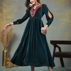 Stylum Women's Green Solid & Embroidered Velvet Long Flared Dress (DRSGREENGULUNA)