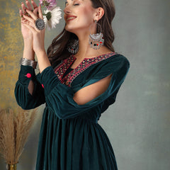 Stylum Women's Green Solid & Embroidered Velvet Long Flared Dress (DRSGREENGULUNA)