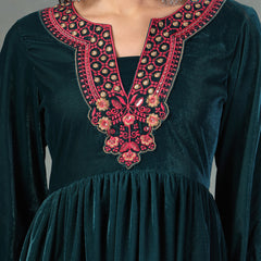 Stylum Women's Green Solid & Embroidered Velvet Long Flared Dress (DRSGREENGULUNA)