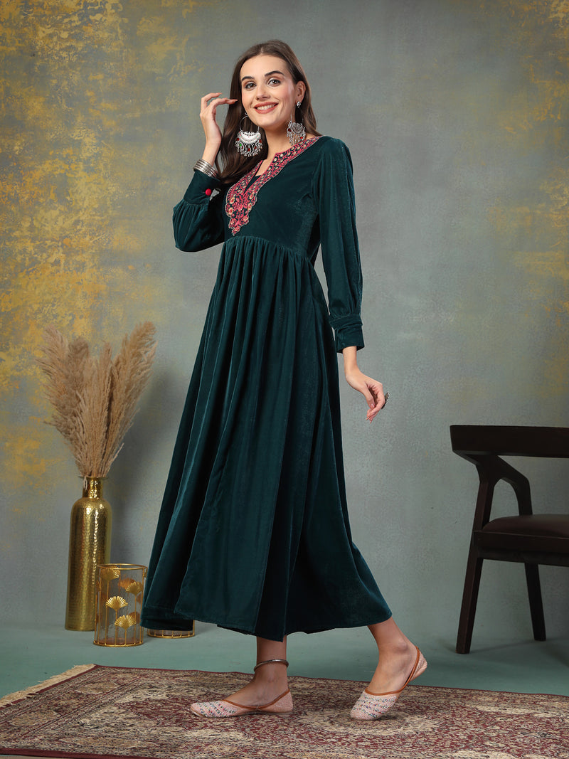 Stylum Women's Green Solid & Embroidered Velvet Long Flared Dress (DRSGREENGULUNA)