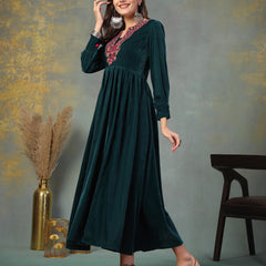 Stylum Women's Green Solid & Embroidered Velvet Long Flared Dress (DRSGREENGULUNA)