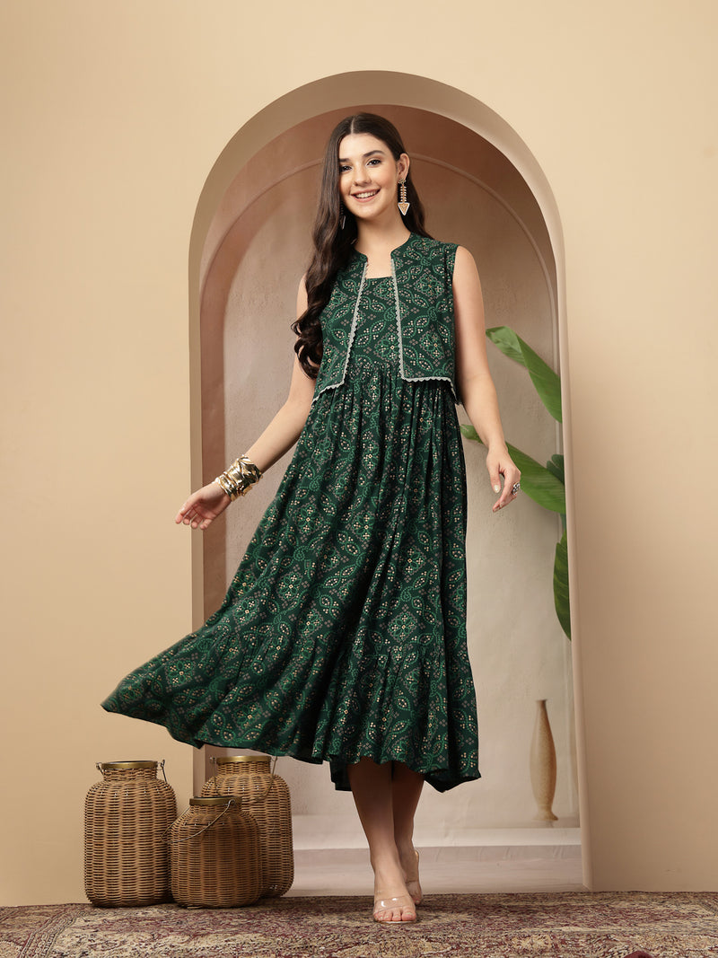 Styum Women's Green Bandhej Printed Rayon Tiered Dress With Ethnic Jacket (DRSGREENHIMALYA)