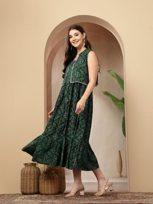 Styum Women's Green Bandhej Printed Rayon Tiered Dress With Ethnic Jacket (DRSGREENHIMALYA)