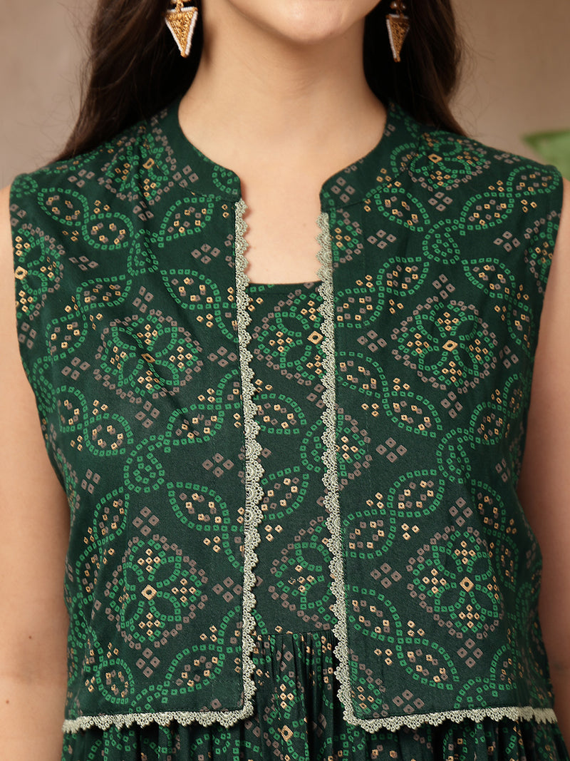 Styum Women's Green Bandhej Printed Rayon Tiered Dress With Ethnic Jacket (DRSGREENHIMALYA)