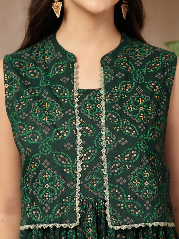 Styum Women's Green Bandhej Printed Rayon Tiered Dress With Ethnic Jacket (DRSGREENHIMALYA)
