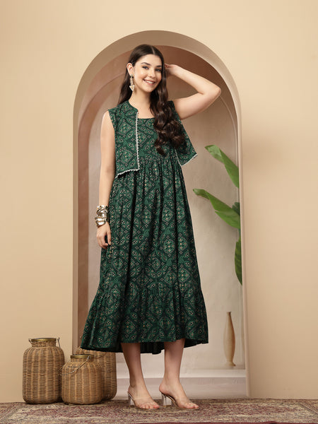 Styum Women's Green Bandhej Printed Rayon Tiered Dress With Ethnic Jacket (DRSGREENHIMALYA)