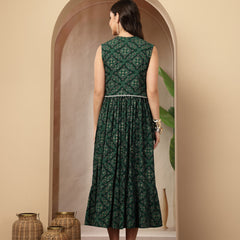 Styum Women's Green Bandhej Printed Rayon Tiered Dress With Ethnic Jacket (DRSGREENHIMALYA)