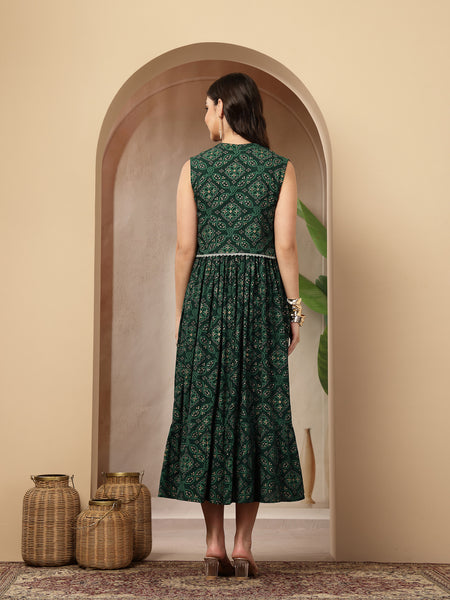 Styum Women's Green Bandhej Printed Rayon Tiered Dress With Ethnic Jacket (DRSGREENHIMALYA)