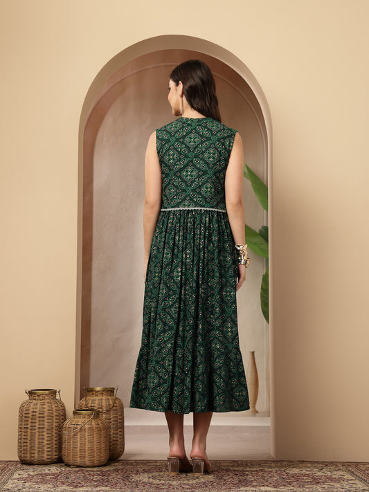 Styum Women's Green Bandhej Printed Rayon Tiered Dress With Ethnic Jacket (DRSGREENHIMALYA)