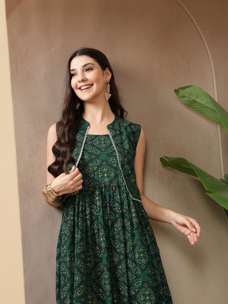 Styum Women's Green Bandhej Printed Rayon Tiered Dress With Ethnic Jacket (DRSGREENHIMALYA)