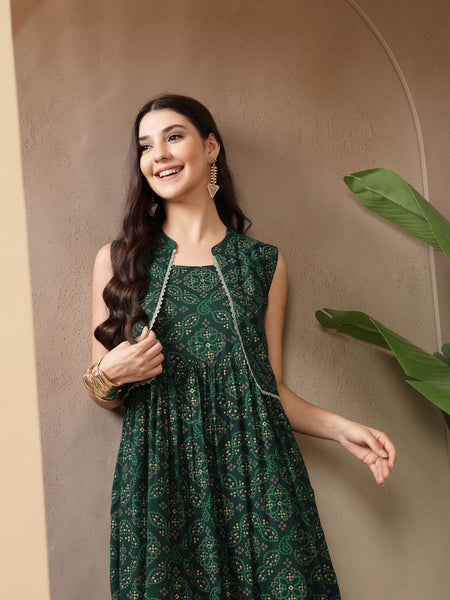 Styum Women's Green Bandhej Printed Rayon Tiered Dress With Ethnic Jacket (DRSGREENHIMALYA)