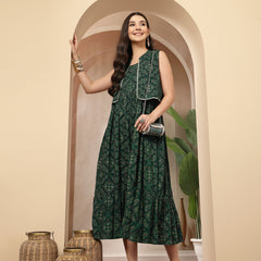 Styum Women's Green Bandhej Printed Rayon Tiered Dress With Ethnic Jacket (DRSGREENHIMALYA)