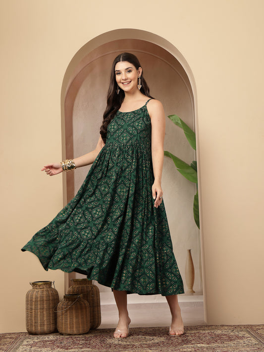 Styum Women's Green Bandhej Printed Rayon Tiered Dress With Ethnic Jacket (DRSGREENHIMALYA)