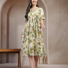 Stylum Women's Green Floral Printed Cotton Flared Dress (DRSGREENKINNU)