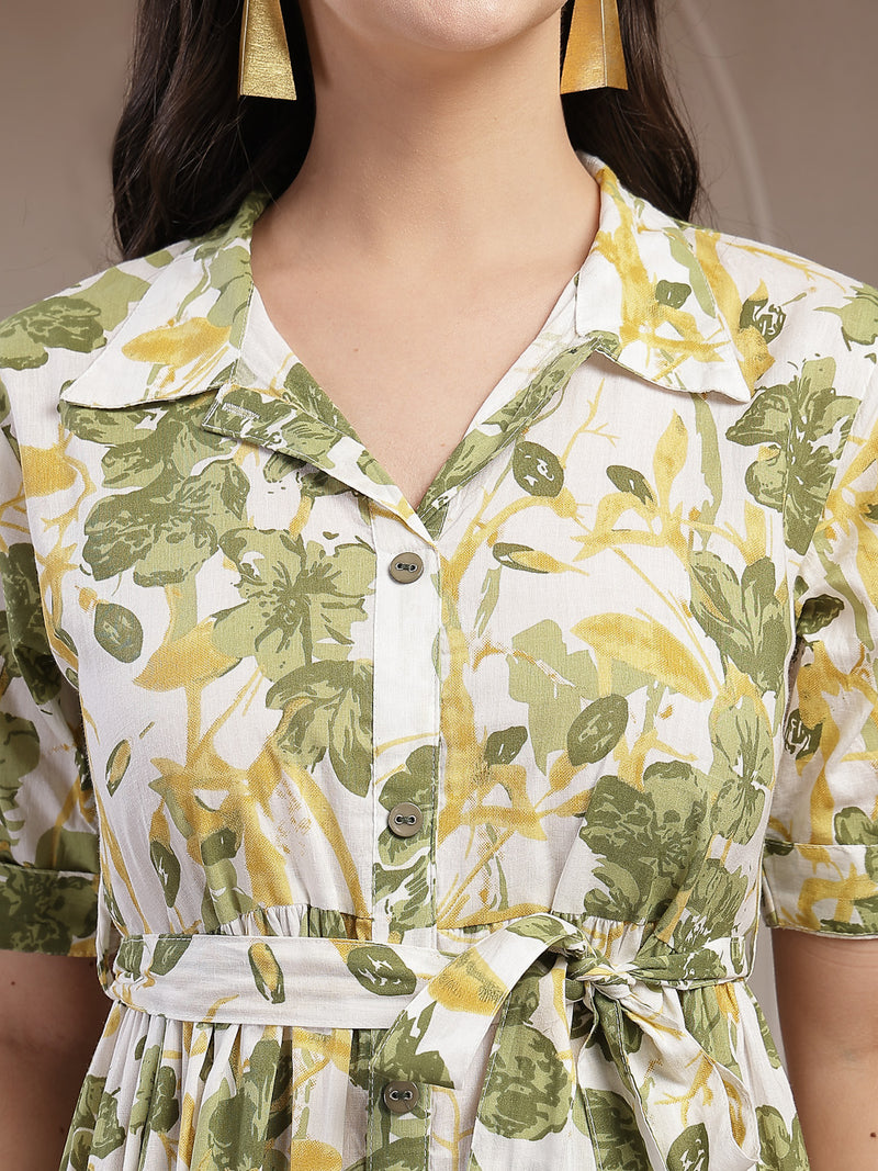 Stylum Women's Green Floral Printed Cotton Flared Dress (DRSGREENKINNU)