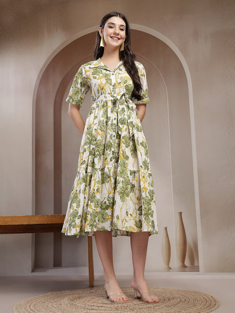 Stylum Women's Green Floral Printed Cotton Flared Dress (DRSGREENKINNU)