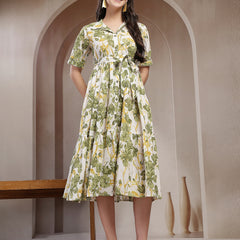 Stylum Women's Green Floral Printed Cotton Flared Dress (DRSGREENKINNU)