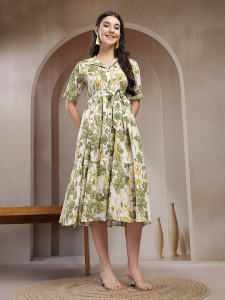 Stylum Women's Green Floral Printed Cotton Flared Dress (DRSGREENKINNU)