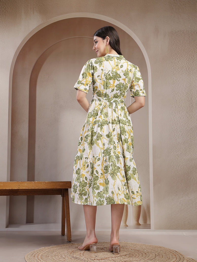 Stylum Women's Green Floral Printed Cotton Flared Dress (DRSGREENKINNU)