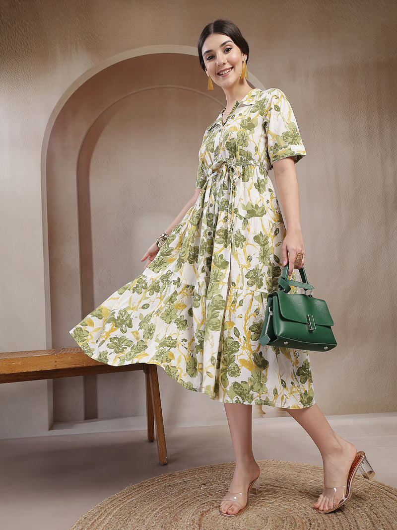 Stylum Women's Green Floral Printed Cotton Flared Dress (DRSGREENKINNU)