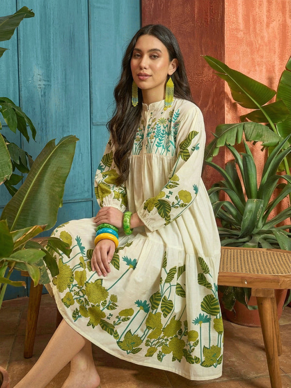 Stylum Women's Green Solid Embroidered Rayon Tiered Dress (DRSGREENKIONA)