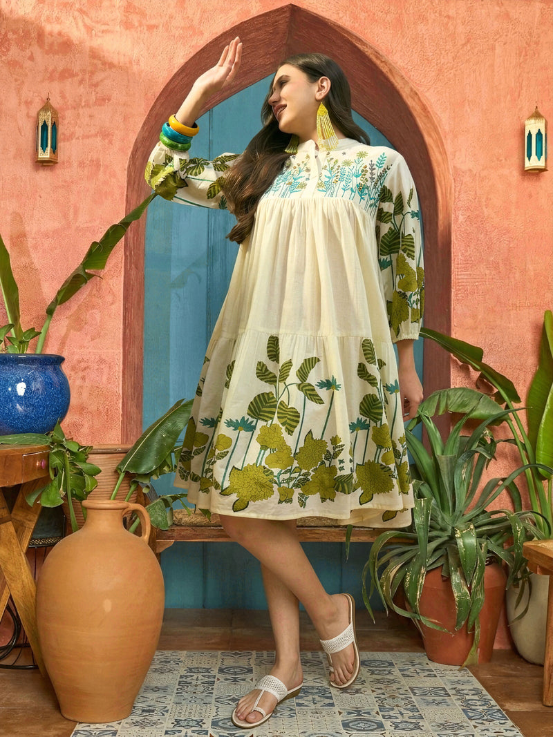 Stylum Women's Green Solid Embroidered Rayon Tiered Dress (DRSGREENKIONA)