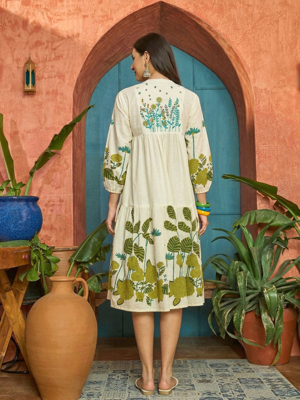 Stylum Women's Green Solid Embroidered Rayon Tiered Dress (DRSGREENKIONA)