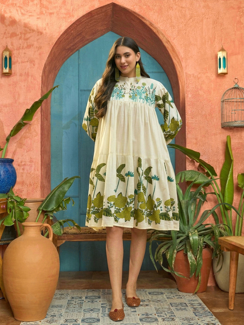 Stylum Women's Green Solid Embroidered Rayon Tiered Dress (DRSGREENKIONA)