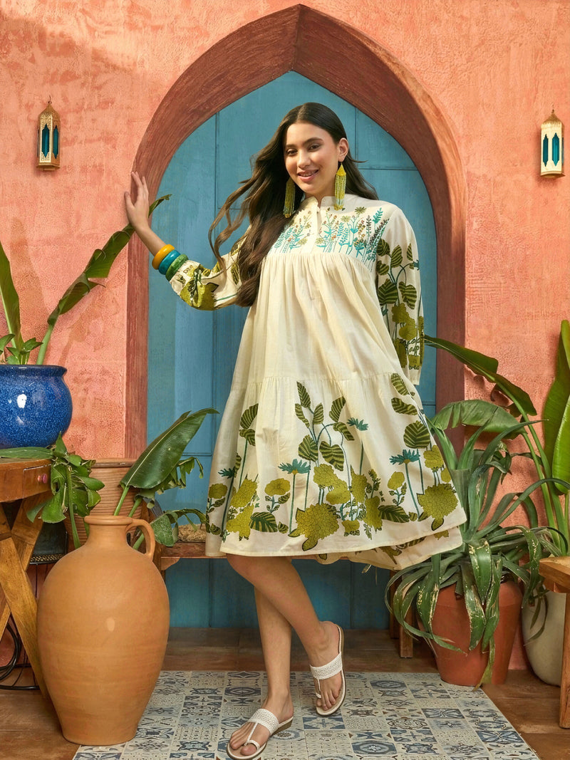 Stylum Women's Green Solid Embroidered Rayon Tiered Dress (DRSGREENKIONA)