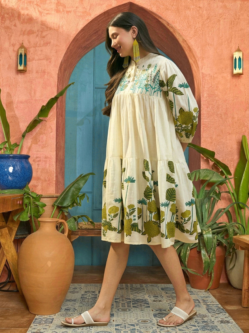Stylum Women's Green Solid Embroidered Rayon Tiered Dress (DRSGREENKIONA)