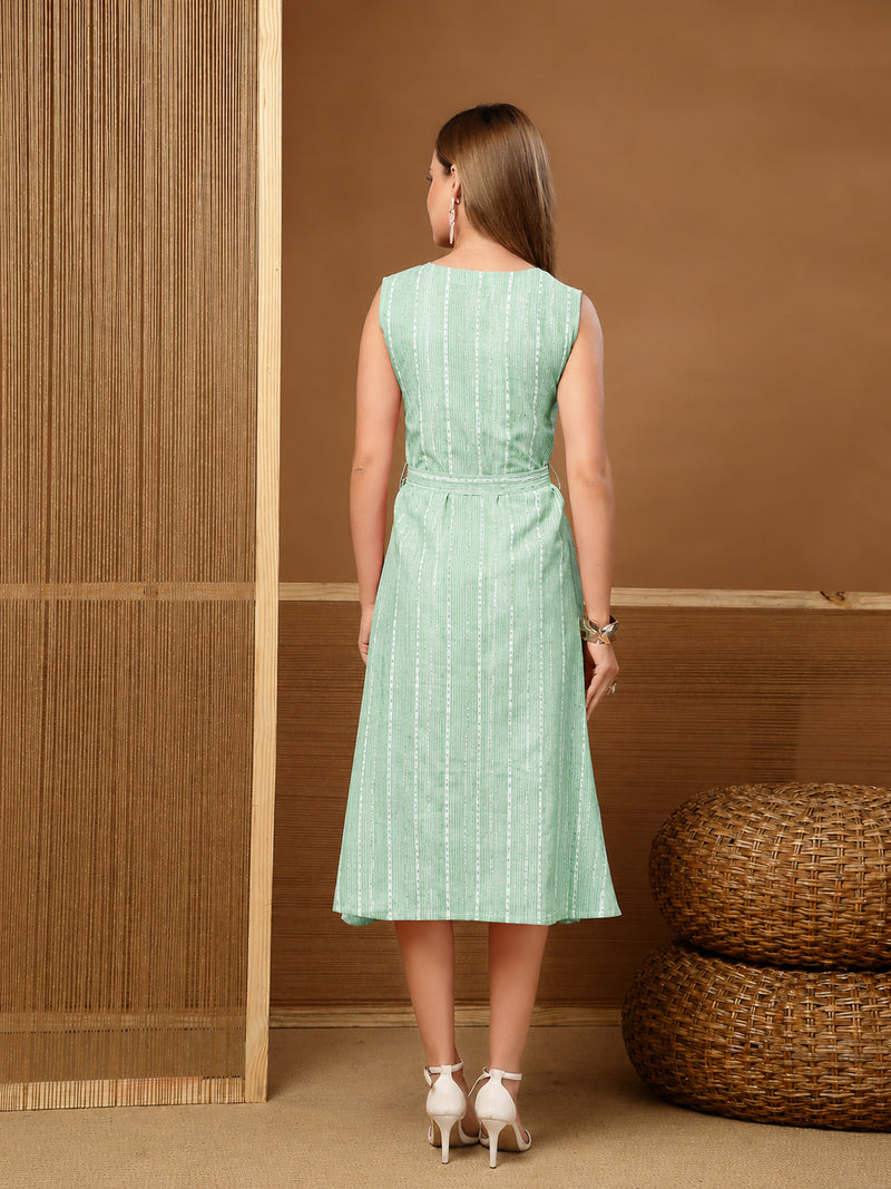 Stylum Women's Green Self Design Katha Cotton A-Line Dress (DRSGREENPARKER)