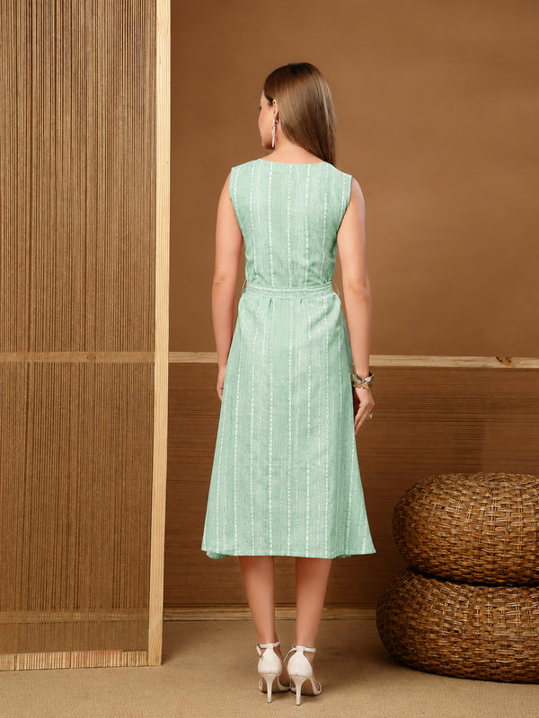 Stylum Women's Green Self Design Katha Cotton A-Line Dress (DRSGREENPARKER)
