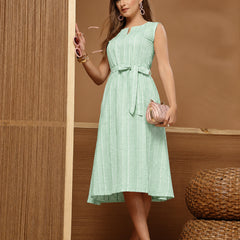 Stylum Women's Green Self Design Katha Cotton A-Line Dress (DRSGREENPARKER)