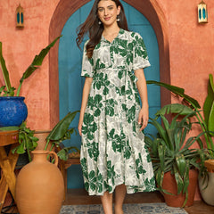 Stylum Women's Green Floral Printed Cotton Flared Dress (DRSGREENSHELLY)
