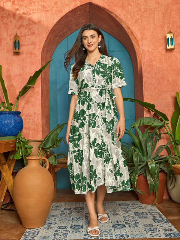 Stylum Women's Green Floral Printed Cotton Flared Dress (DRSGREENSHELLY)