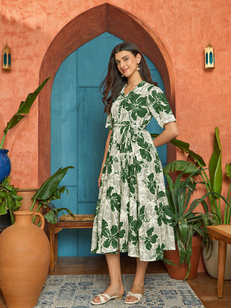 Stylum Women's Green Floral Printed Cotton Flared Dress (DRSGREENSHELLY)