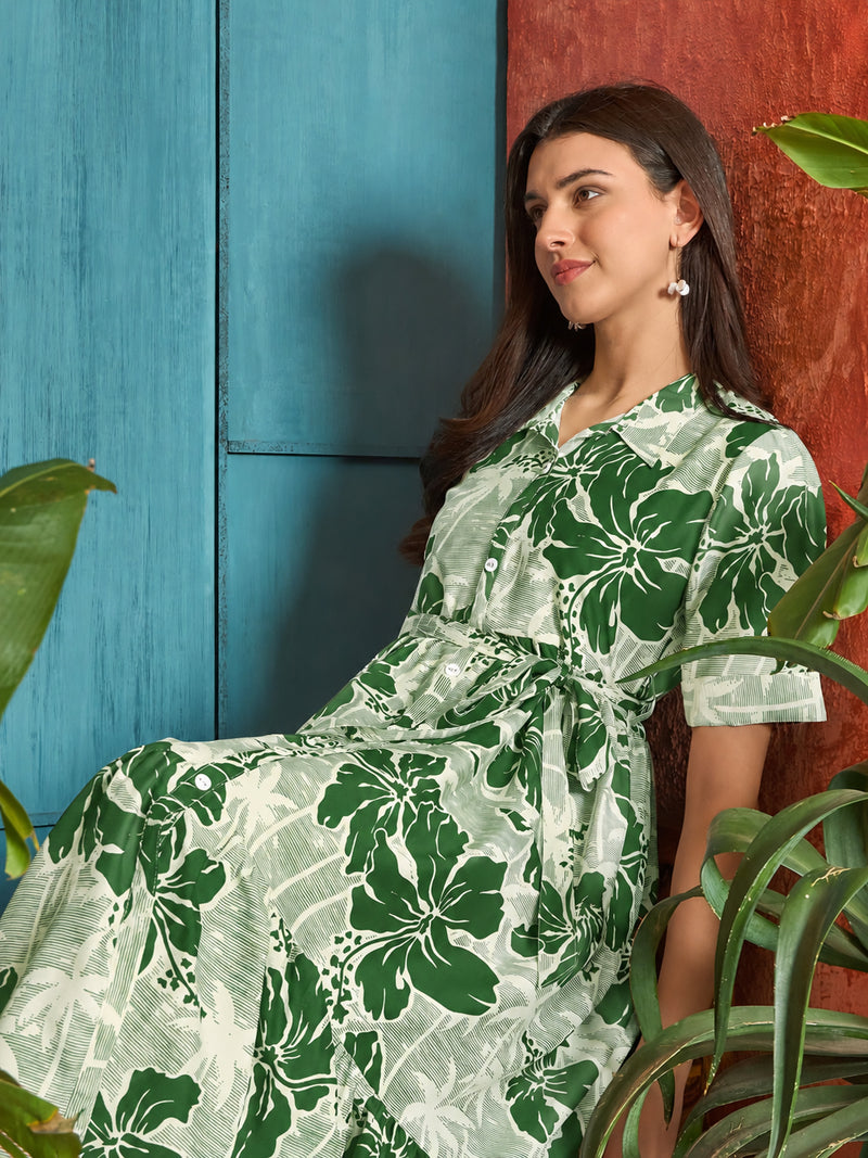 Stylum Women's Green Floral Printed Cotton Flared Dress (DRSGREENSHELLY)