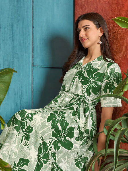 Stylum Women's Green Floral Printed Cotton Flared Dress (DRSGREENSHELLY)