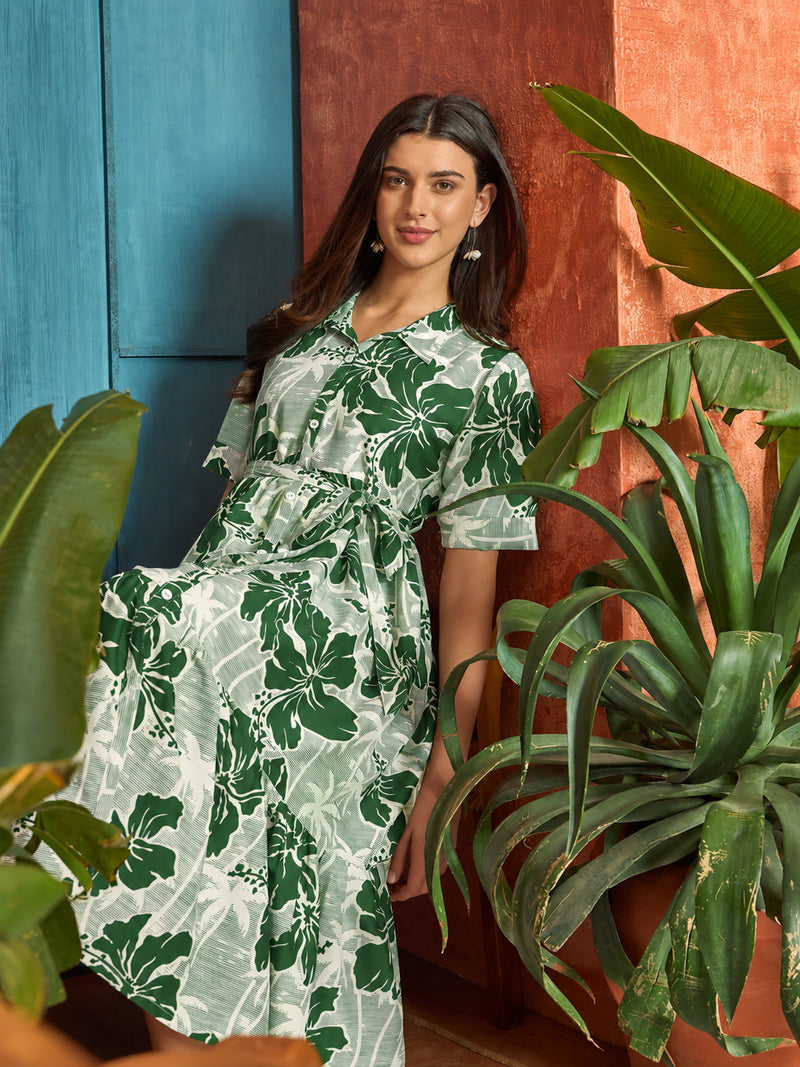 Stylum Women's Green Floral Printed Cotton Flared Dress (DRSGREENSHELLY)