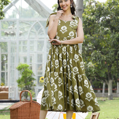 Stylum Women's Olive Green Floral Printed Cotton A-Line Dress (DRSGREENWILLOW)