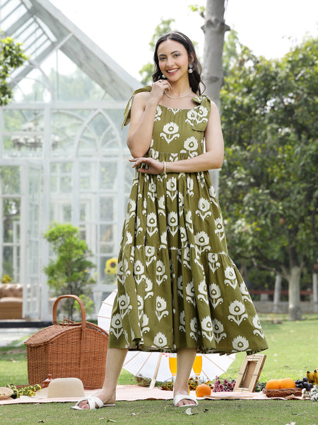 Stylum Women's Olive Green Floral Printed Cotton A-Line Dress (DRSGREENWILLOW)