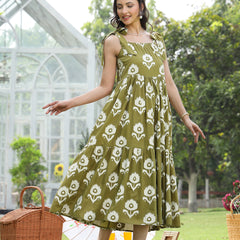 Stylum Women's Olive Green Floral Printed Cotton A-Line Dress (DRSGREENWILLOW)
