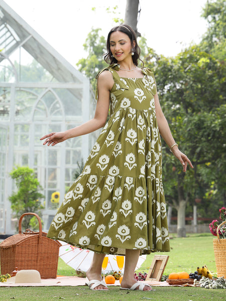 Stylum Women's Olive Green Floral Printed Cotton A-Line Dress (DRSGREENWILLOW)