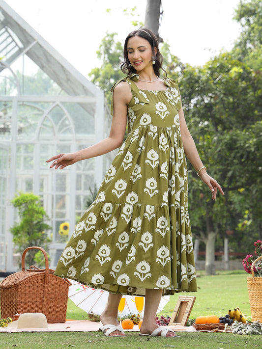 Stylum Women's Olive Green Floral Printed Cotton A-Line Dress (DRSGREENWILLOW)