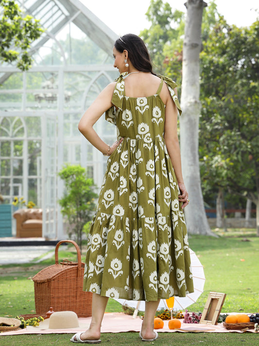 Stylum Women's Olive Green Floral Printed Cotton A-Line Dress (DRSGREENWILLOW)