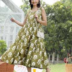 Stylum Women's Olive Green Floral Printed Cotton A-Line Dress (DRSGREENWILLOW)