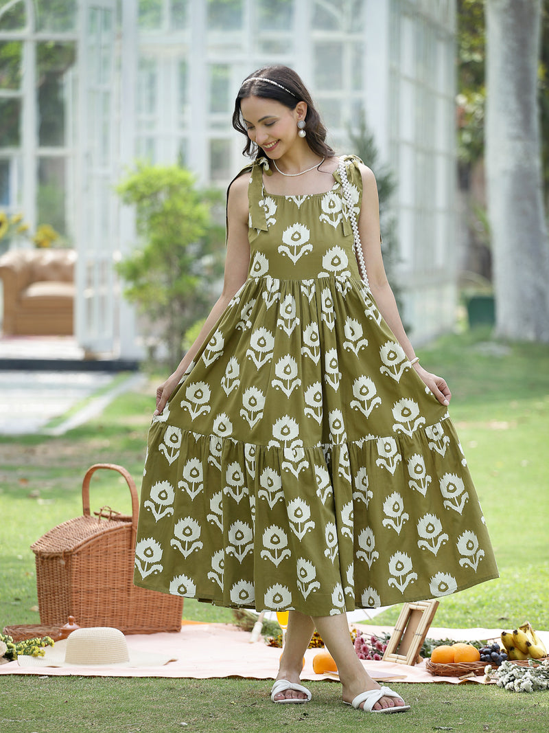 Stylum Women's Olive Green Floral Printed Cotton A-Line Dress (DRSGREENWILLOW)